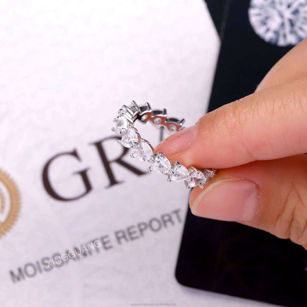 Pass Dia Test Heart Moissanite Eternity Band Ring Real 14K White Solid Gold Rings Women Wedding Fashion Jewelry