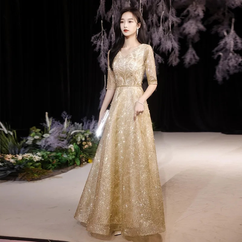 Womens Summer V-neck Gold Evening Dress Fashion Banquet Show Slimming Meeting Starry Sky Annual Meeting Lace Long Sleeve Dress 250728