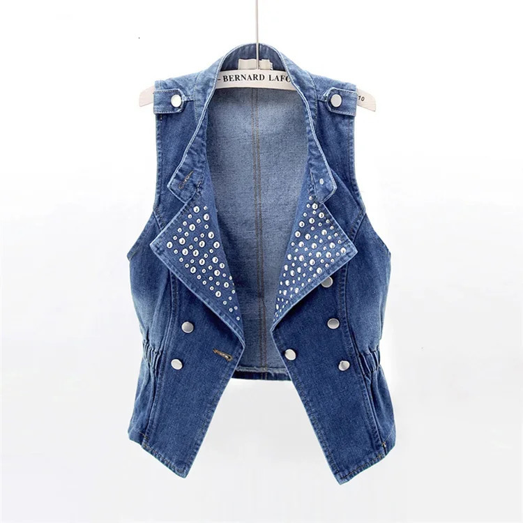 Vintage Blue Rivet Stand Collar Denim Vest Women Slim Short Cowboy Waistcoat Summer Sleeveless Jeans Jacket Female Outwear 250804