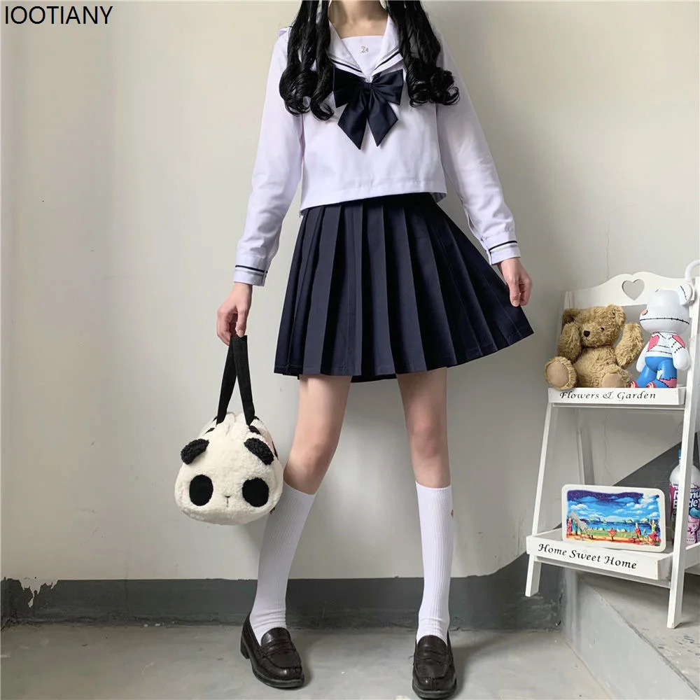 Japanese Female Student Jk Skirt Suit White Basic Style College Sailor Bow Pleated High School Uniform 250729