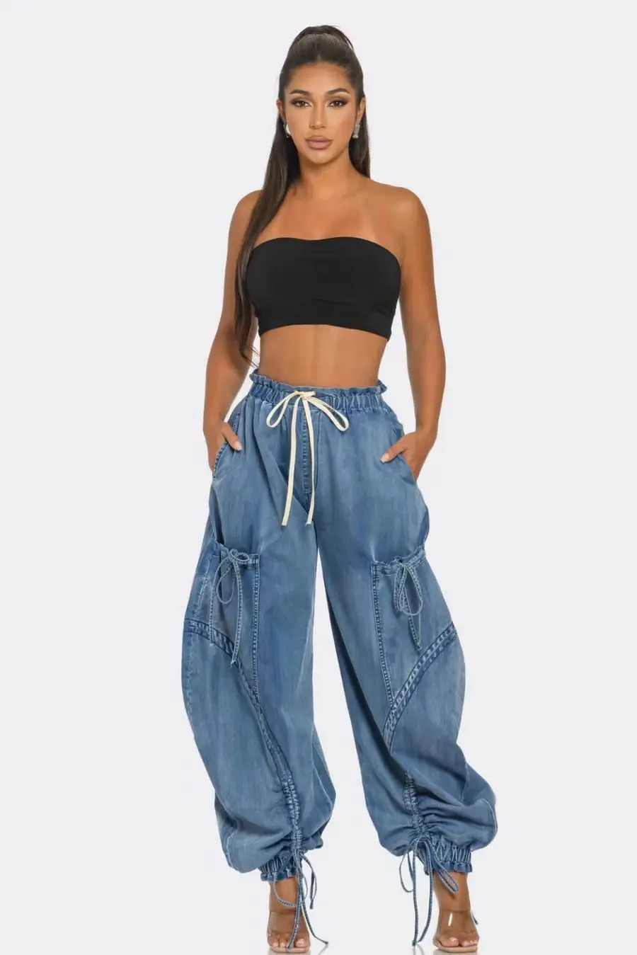 Lace Up Wide Leg Jeans Cargo Pants Sexy Women High Waist Elegant Streetwear Denim Loose Trousers 250804