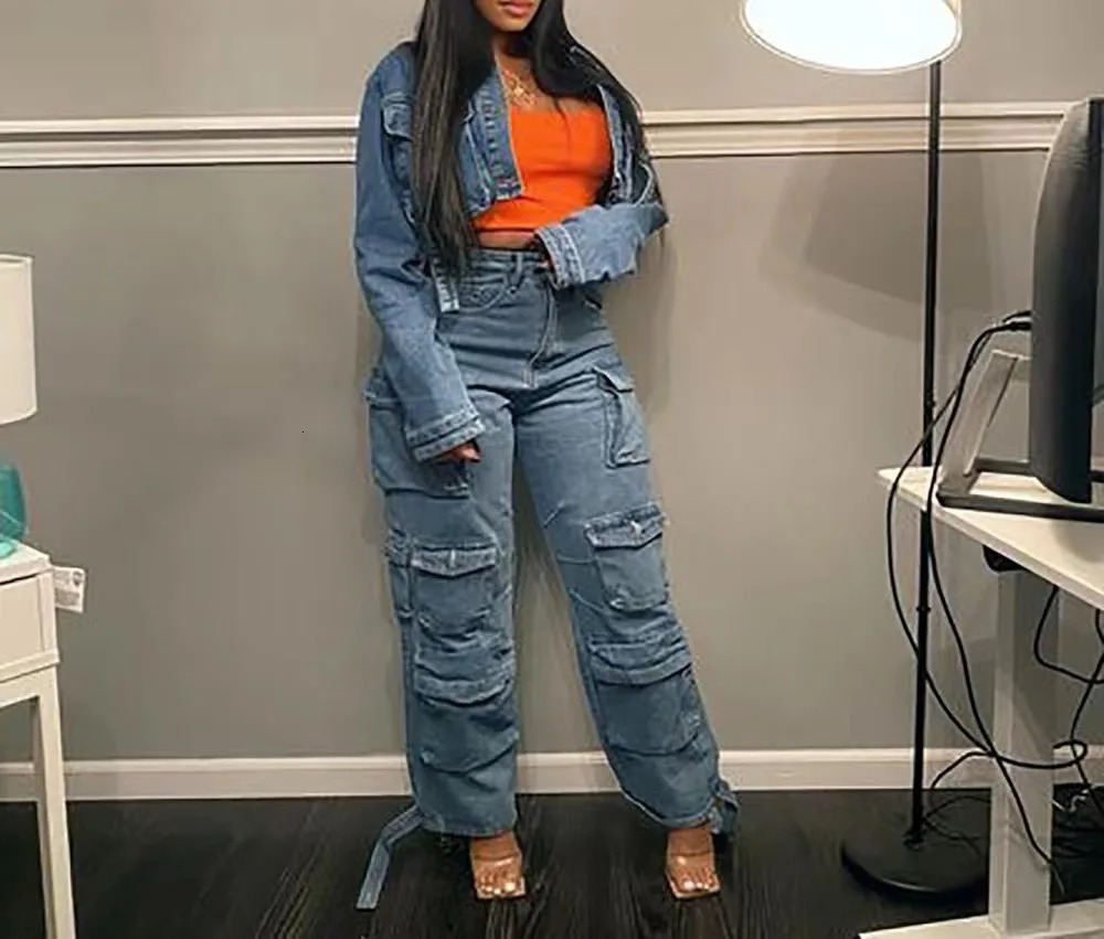 Europe and The United States High-waisted Multi-pocket Long Jeans Womens Spring and Autumn Trend Loose Splice Cargo Jeans 250804