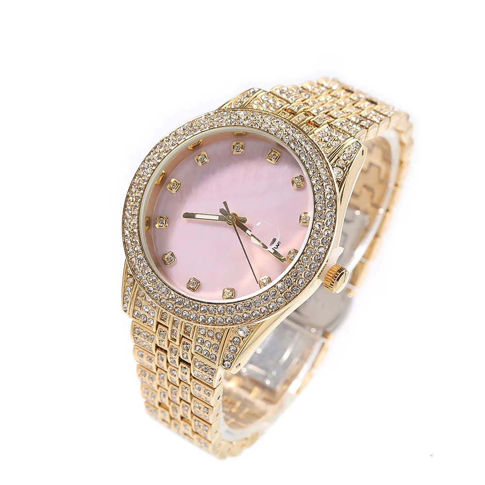 TBTK Mother of Pearl Pink Dial Full Iced Out Two Tone Quartz Clock Business Waterproof Watches For Women Girl 250807