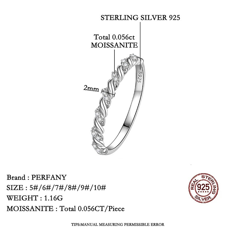 100% Pure Silver Twisted Pattern Ring for Women by PERFANY GRA Laboratory Diamond Wedding High End Jewelry 250717