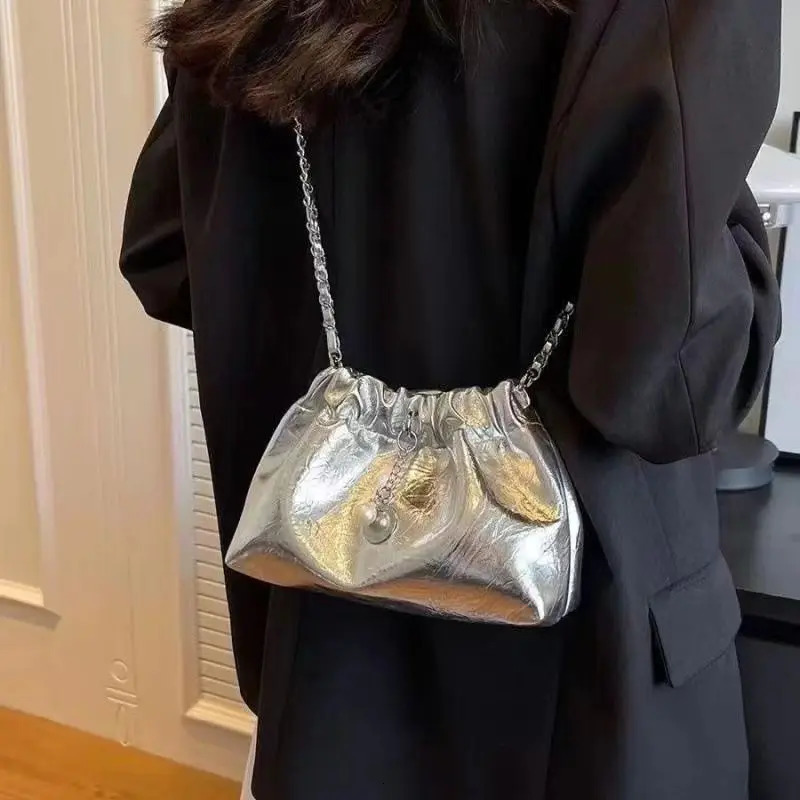 Silver Folded Chain Buet Bag Womens Crossbody oulder Bag Summer Sle Casual Soft Handle Polyester Magnetic B... 250804