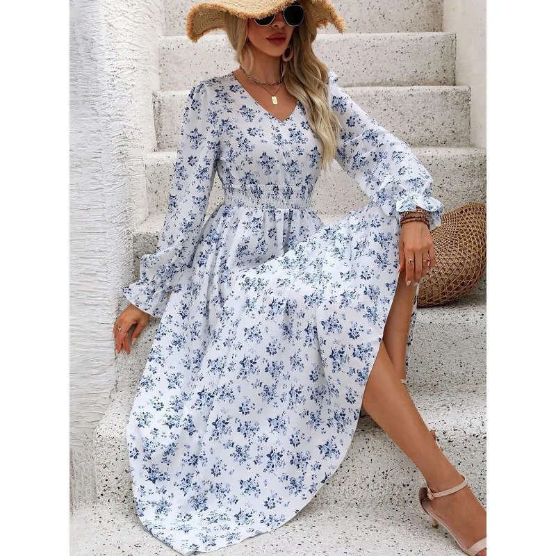 Women Summer dress 2025 fashion floral printed V-neck long sleeve swing fashion all-match dresses women vestidos JQMY2351 250728