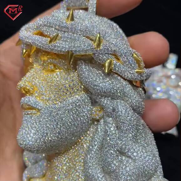 Hip Hop Moissanite Jesus Pendant Two Tone 925 Silver Fully Iced Out 3D Moissanite Pendant