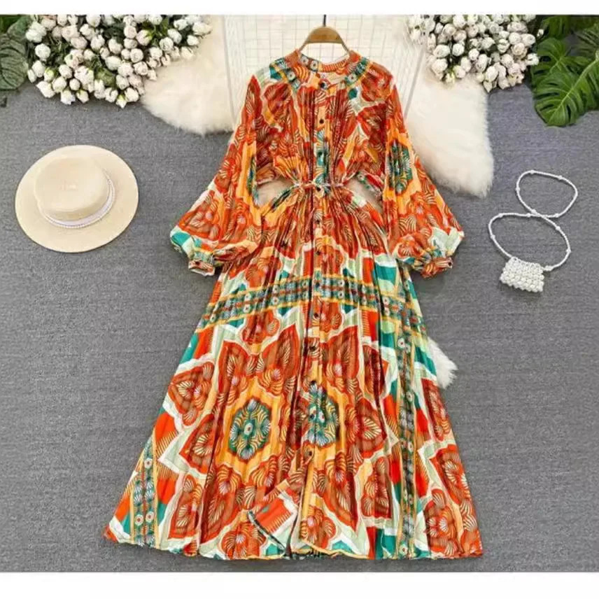 Women Print Dresses Lantern Sleeve Single Breasted Long Dresses Cinch Waist A Line Splice Vestidos Elegant Ladies Summer 250728