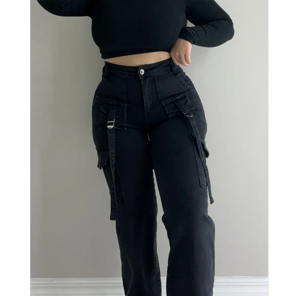 Women Straight Cargo Jeans Womens Streetwear Stretchy High Waisted Jeans Unique Multi-Pocket Female Trousers Pocket 250804