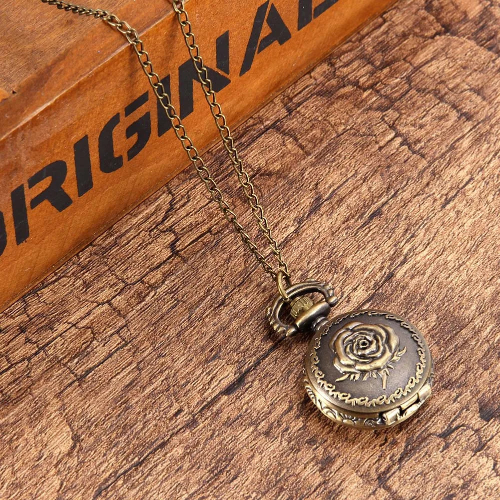 Vintage Fashion Relief Rose Pocket Watch Bronze Color Quartz Watch On Chain Watch Necklace Woman Birthday Gifts 250807