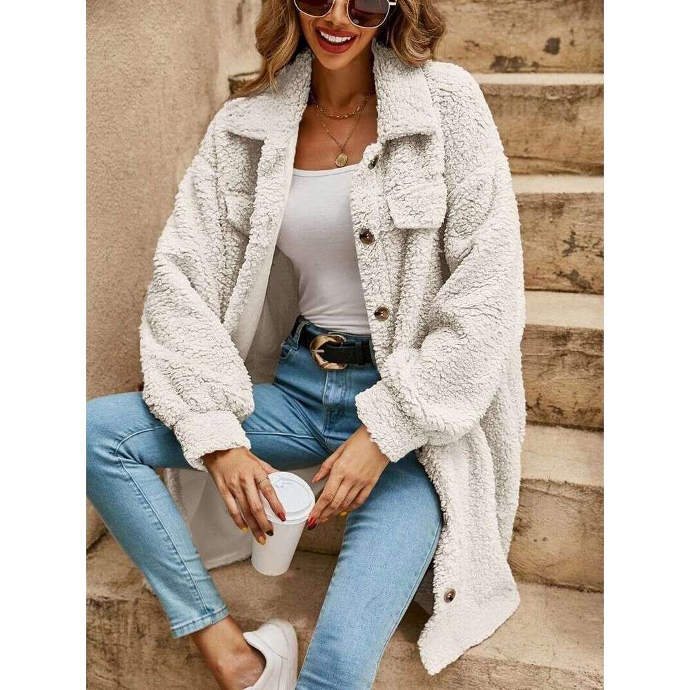 Women's open-button lapel plush loose temperament commuter long coat