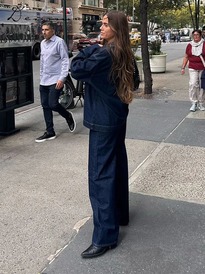 Street Loose Jeans Suits Women Solid Lapel Full Sleeve Pockets Top High Waist Wide Leg Pants 2025 Spring Chic Casual Lady Sets 250804