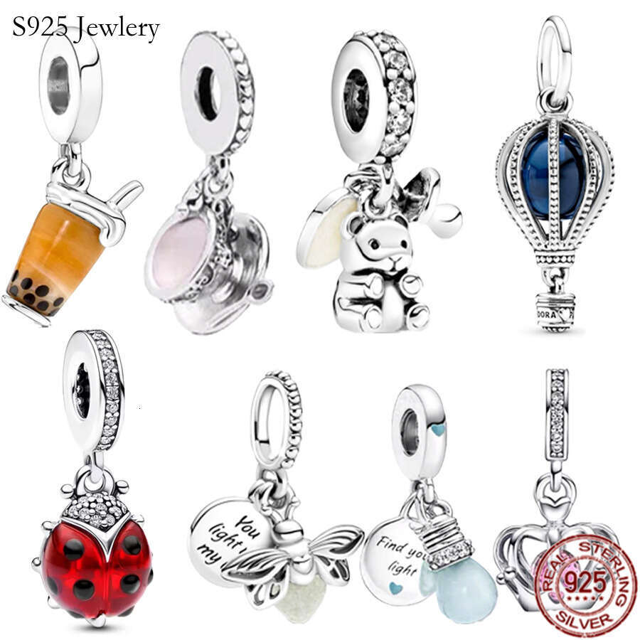 925 Sterling Silver Dangle Charm Fireflies Balloon Bubble Tea Teddy Beads Suitable for Primitive Bracelets DIY Jewelry Gift Free Delivery