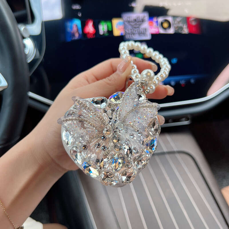New 3D Butterfly Glass Diamond Heart Keychain Creative Crystal Portable Folding Mirror Bag Pendant for Women