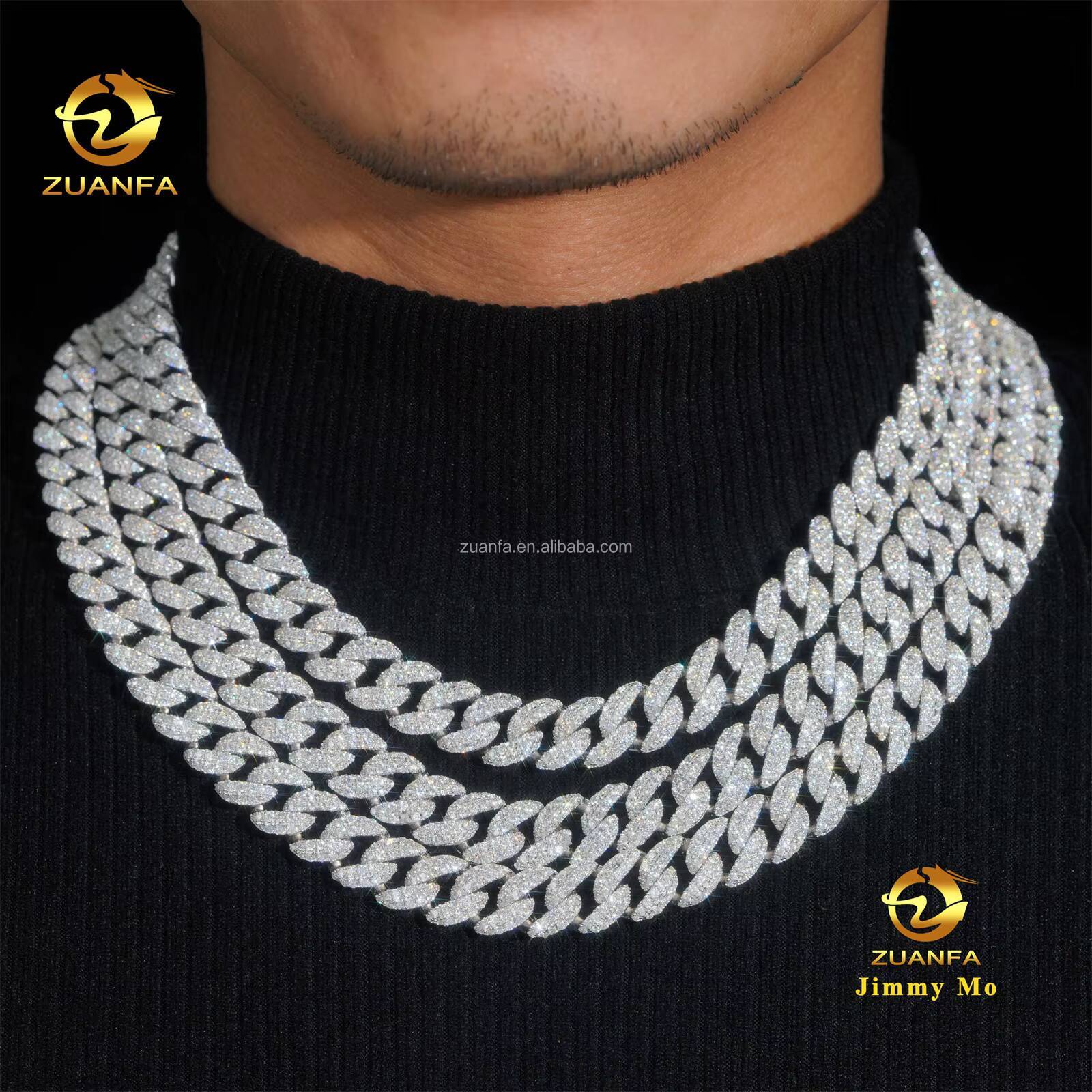 Hot Selling Bulk Stock Box Clasp 925 Solid Silver 12mm Two Rows Iced Out Hip Hop VVS1 Moissanite Diamond Miami Cuban Link Chain