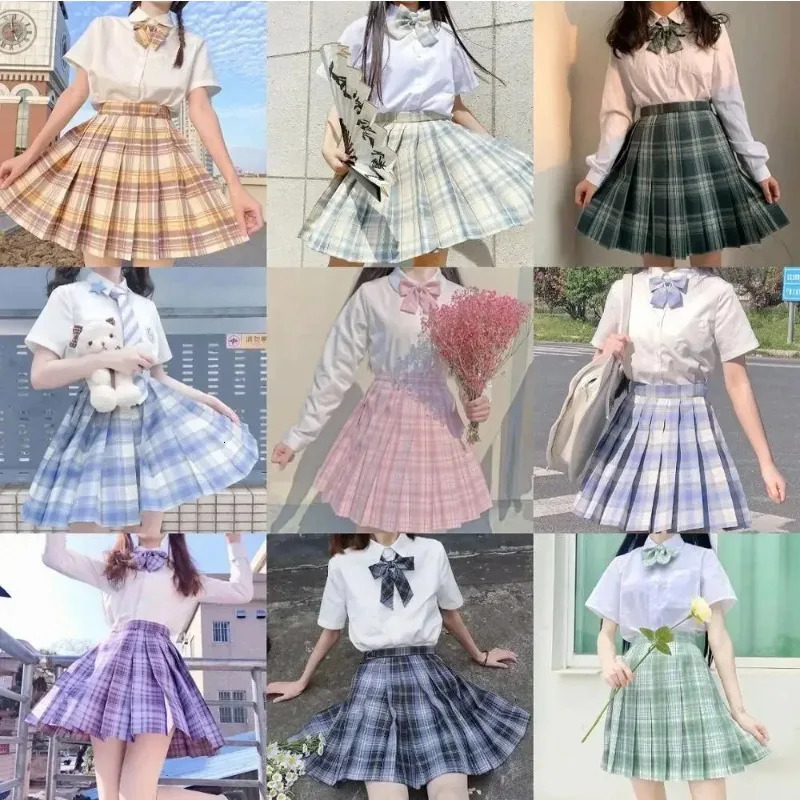 Korean School Girls Uniform Pleated Skirts Japanese High Waist ALine Plaid Skirt Sexy JK Uniforms Woman Full set 250729