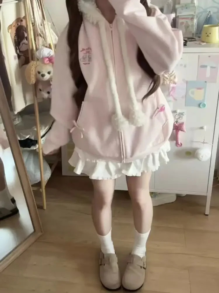 Japanese Sweet Hooded Cardigan Sweatshirt Embroidery Women Cute Jacket Spring Autumn Coat Y2k Kawaii Outerwear 250808