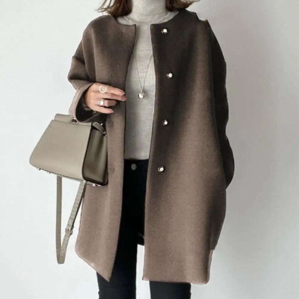 Round Neck Coat Stylish Woolen Coat for Women Button-down Round Neck Outerwear Mid Length Jacket for Fall Winter for Commuting 250805