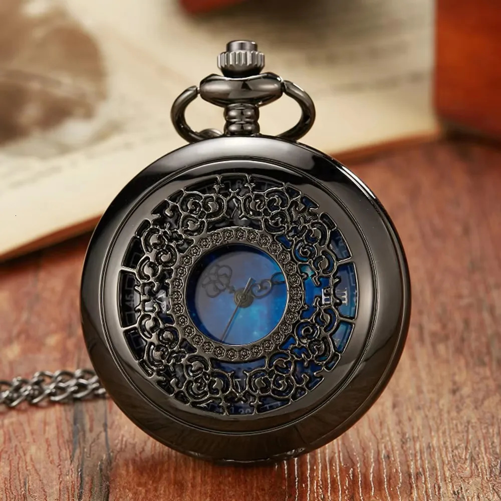 Starry Blue Dial Pendant Bronze Hollow Quartz Pocket Watch Roman Numerals Retro Watch 250807