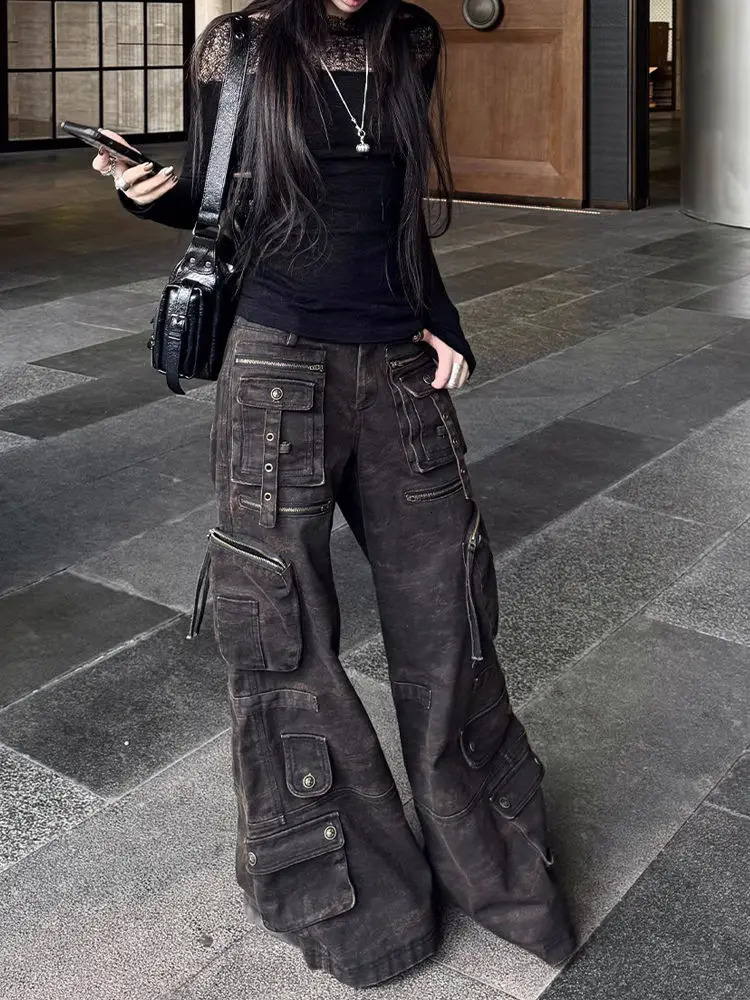 Trashy Y2K Streetwear Multi Pockets Baggy Cargo Jeans Pants Women 90S Vintage Clothes Wide Leg Punk Grunge Lady Trousers 250804