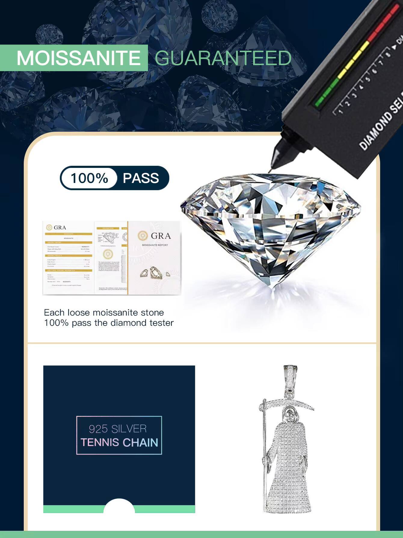 New Arrival Big Size 925 Silver Grim Reaper Pendant VVS Moissanite Diamond Necklace Charm High Quality Product Type