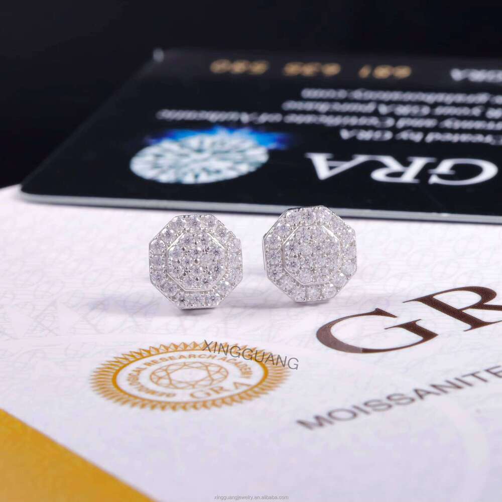 Fine Jewelry Hip Hop Men's White Gold Plated S Sier 100% Pass Dia Test Shiny Ice Out Moissanite Stud Earrings
