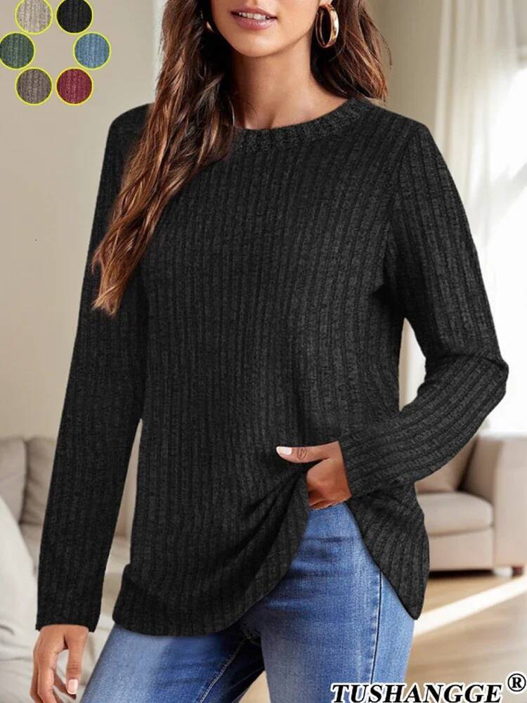 2024 Autumn Women Round Neck Long Sleeved Pit Stripe Pullovers Solid Color Lightweight Ladies Sweaters Comfortable Woman Clothes dongdumaoyi