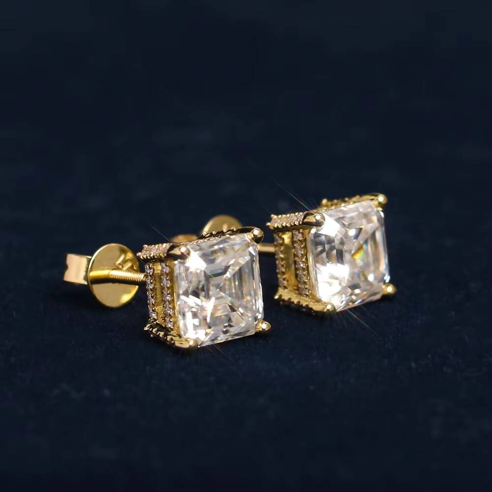 High Quality Moissanite Earrings 14k Real Gold Square Emerald Cut D Grade VVS Moissanite Stud Earring