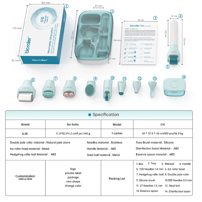 Bio Roller 10 in 1 Derma Roller Kit G10 For Home Use Face Microneedling Massage Roller Acne Scars Anti Wrinkles Skin Care Tool