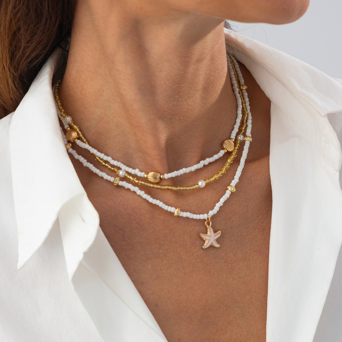 European American Beach Inspired Unique Oil Drip Small Starfish Pendant Necklace Bohemian Beaded Strand Jewelry for Women