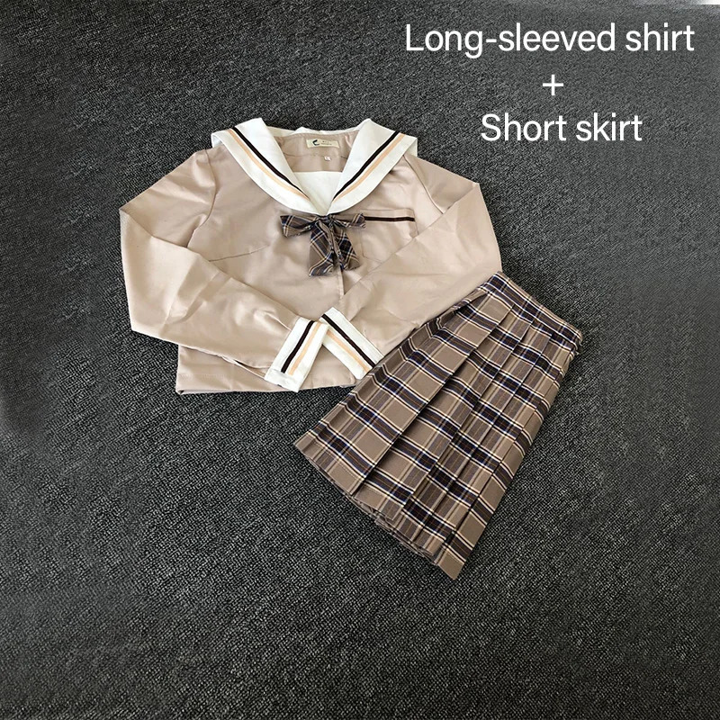 School Dresses Japanese College Middle Uniform For Girls Jk Uniforms Lady Sailor Suit Tea Brown Color Plaid Pleated Skirt 250729