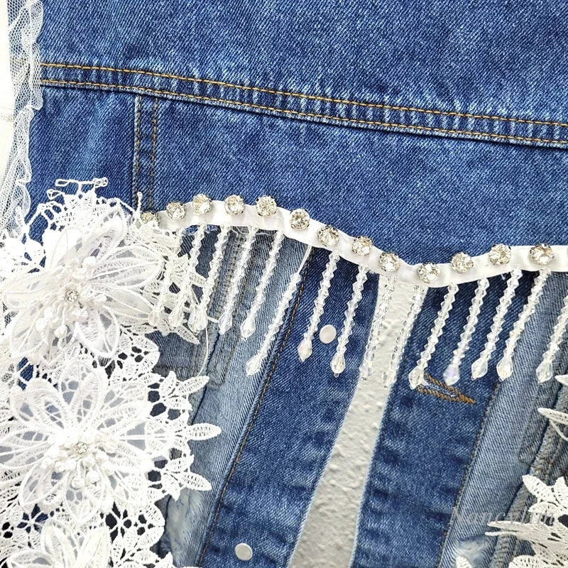 Tassels Lace Sticthing Denim Vest Coat Back Love Hollow Diamonds Fringed Embroidery Jeans Waistcoat Mesh Spliced Vests Tank Tops 250804