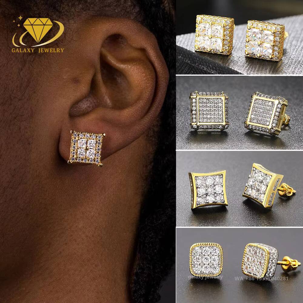 Hip Hop Jewelry Earrings Mens Rappers Moissanite Diamond Iced Out Gold Plated Geometric Screw Back Custom Stud Earrings