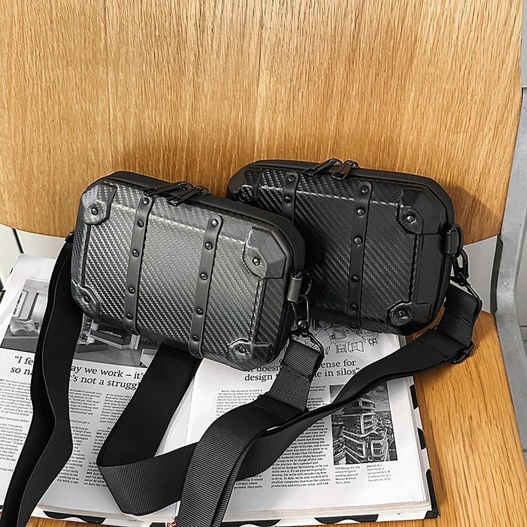 Luxury Brand Designer Bag Carbon Fiber Small Square Bag With Rivets, Box Bag, 2025 New Model, Wide Shoulder Strap, Crossbody, Hard Shell, Structured B