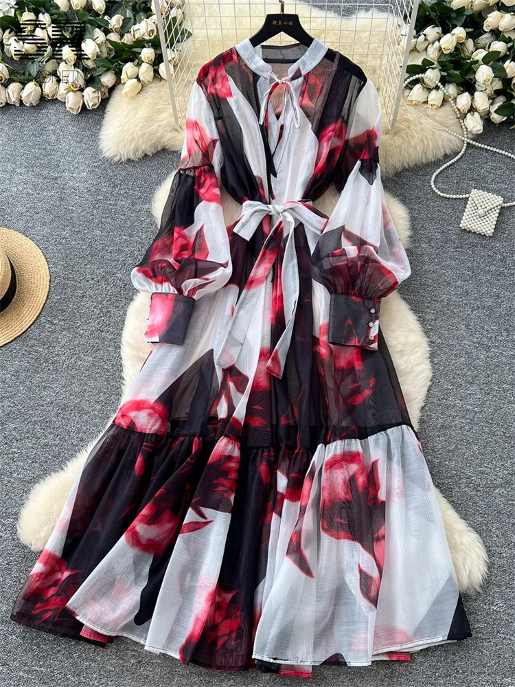 SINGREINY Elegant Print Loose Dress Summer Lantern Sleeves O Neck Sheer Lace Up n 2025 Women French Court Long Sundress 250728