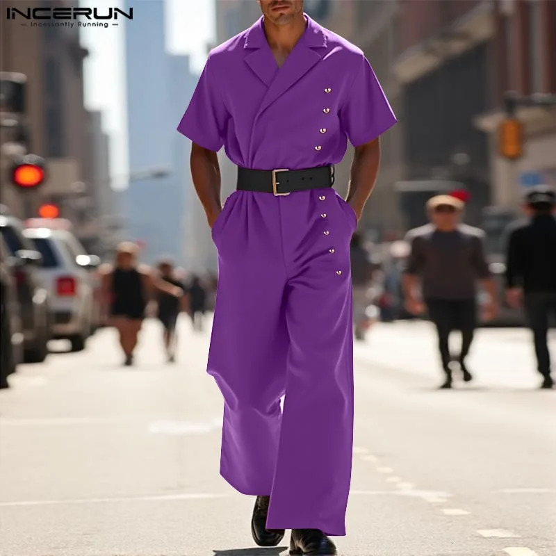 INCERUN Men Rompers Fashion Casual Pants Solid Buttons Overalls Streetwear Long Trouser Male Loose Jumpsuits Wide Leg 250804