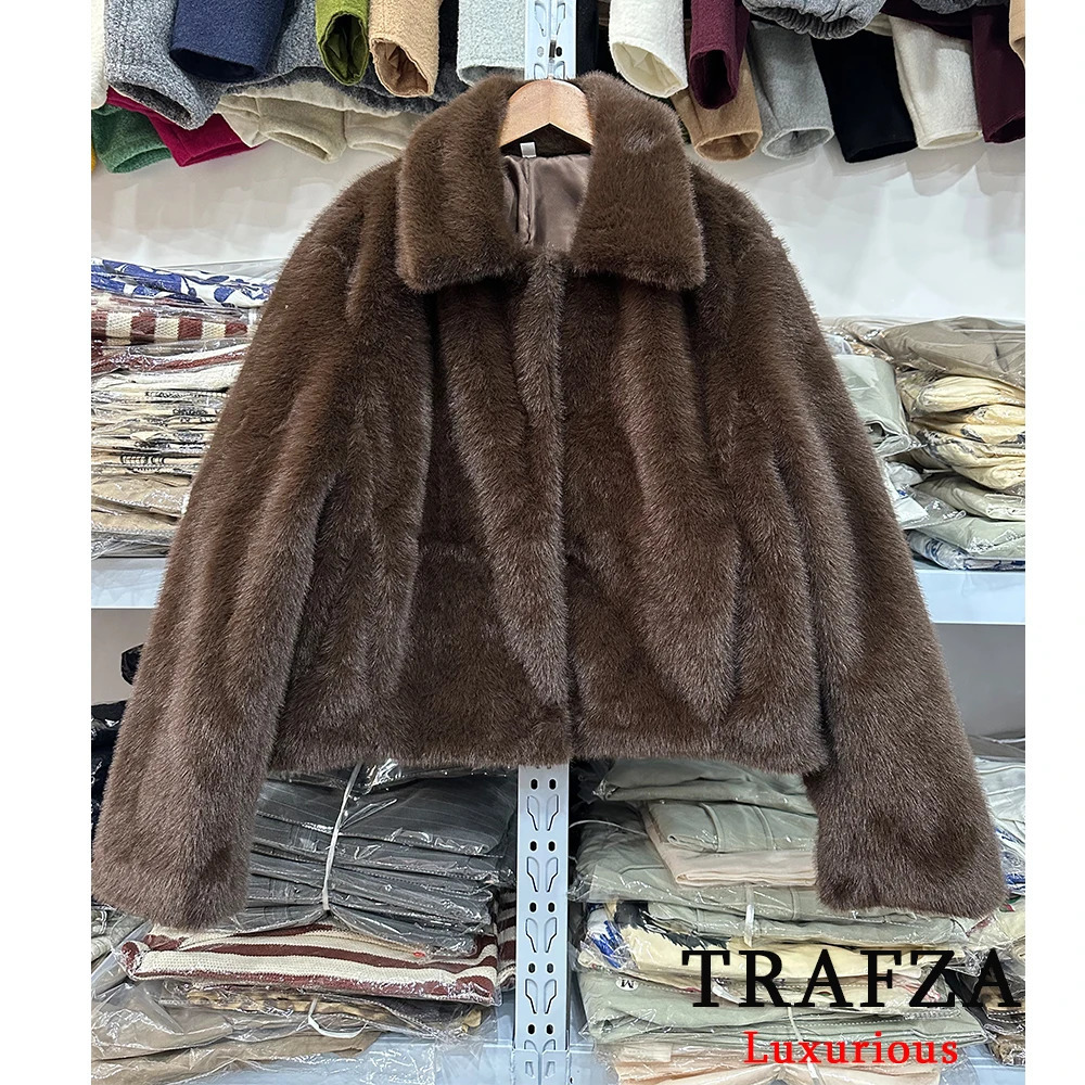 TRAFZA Vintage Causal Faux Fur Jackets Women Long Sleeve Loose Buttons Coats Fashion Spring Brown Fur Coats Elegant Outwear 250806