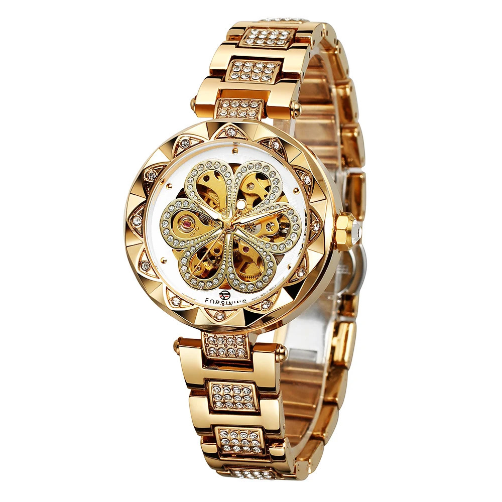 FORSINING Retro Women Automatic Mechanical Watch Skeleton Rhinestone Luminous Pointers Stainless Steel Stylish Female Wristwatch 250807