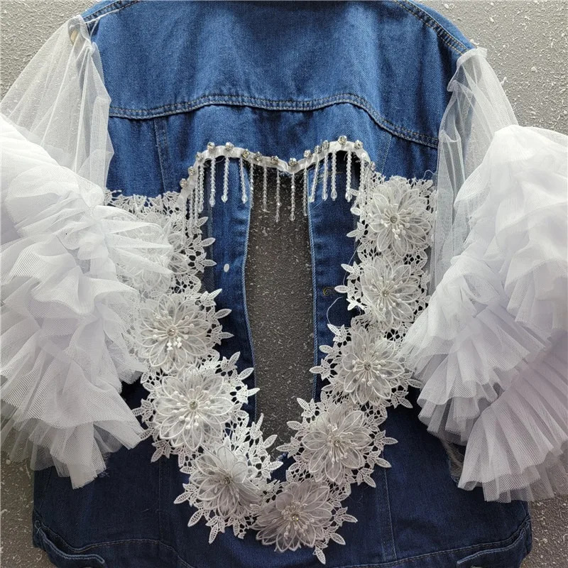 Tassels Lace Sticthing Denim Vest Coat Back Love Hollow Diamonds Fringed Embroidery Jeans Waistcoat Mesh Spliced Vests Tank Tops 250804