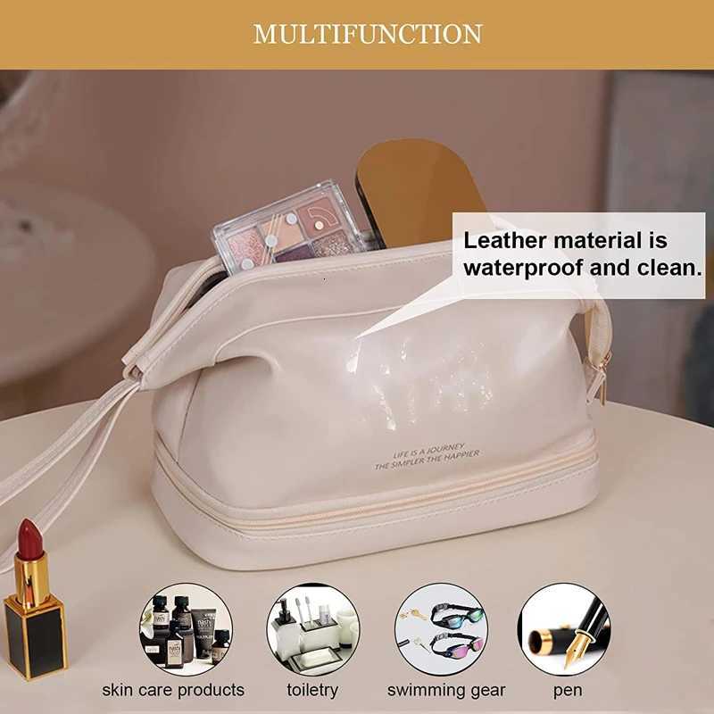 Travel Large Double Layer Cosmetic Bag Waterproof Leather Makeup Bag for Girls Portable Toiletry Bag Make Up Storage Organizer Y250808