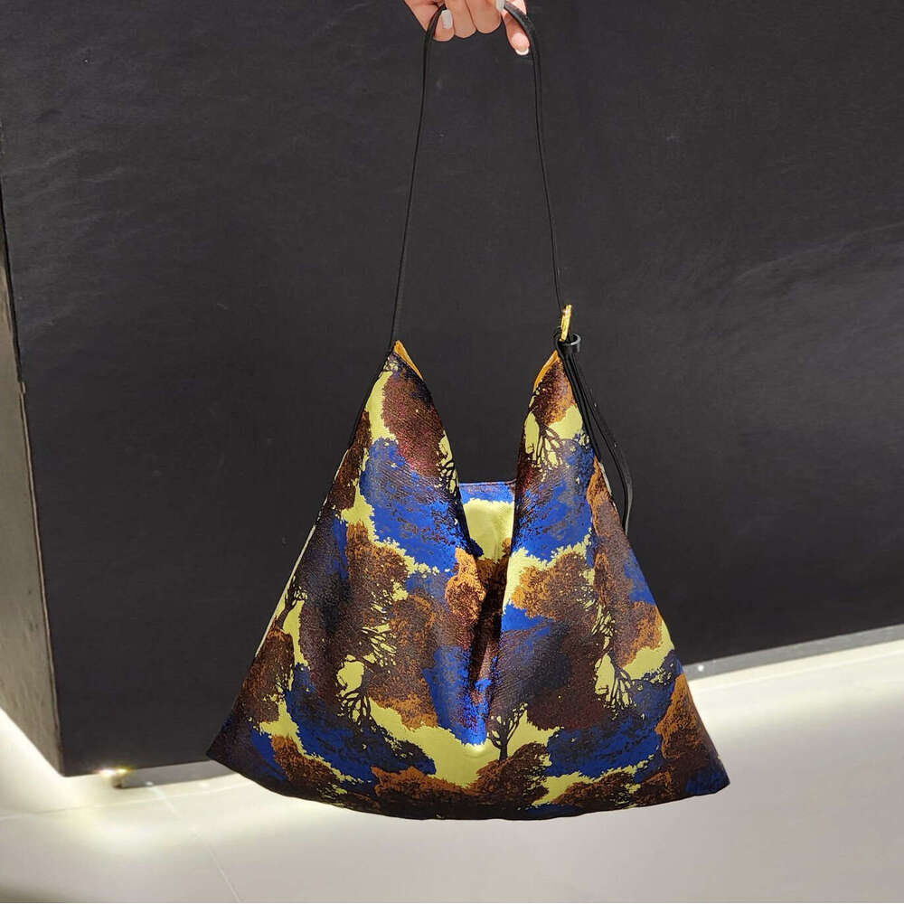 New Denim with Top Layer Cowhide Underarm Large Capacity Printed Fabric National Style Tote Single Shoulder Genuine Leather Bag for Women