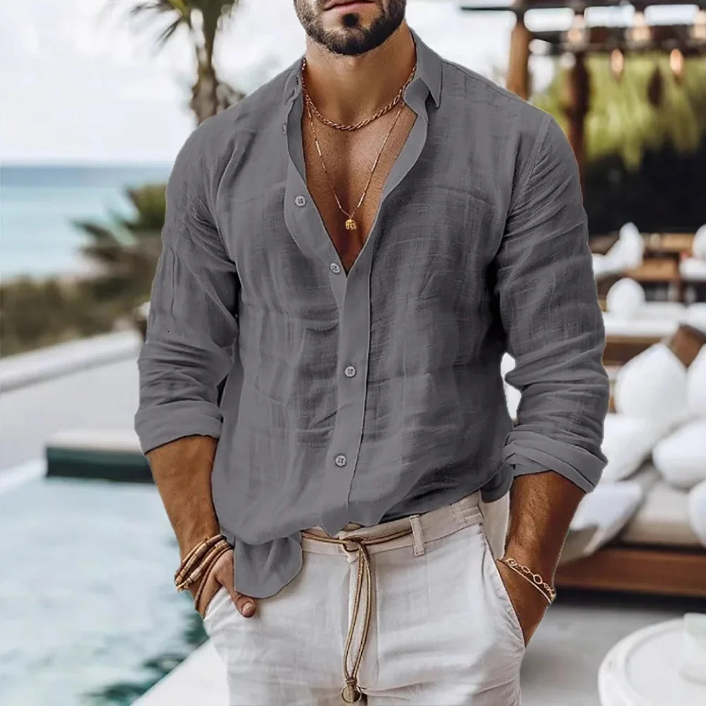 Cotton Linen Shirt for Men Summer Beach Style Solid Color Single Breasted Breathable Shirts Lightweight Stylish Button Tops 250805
