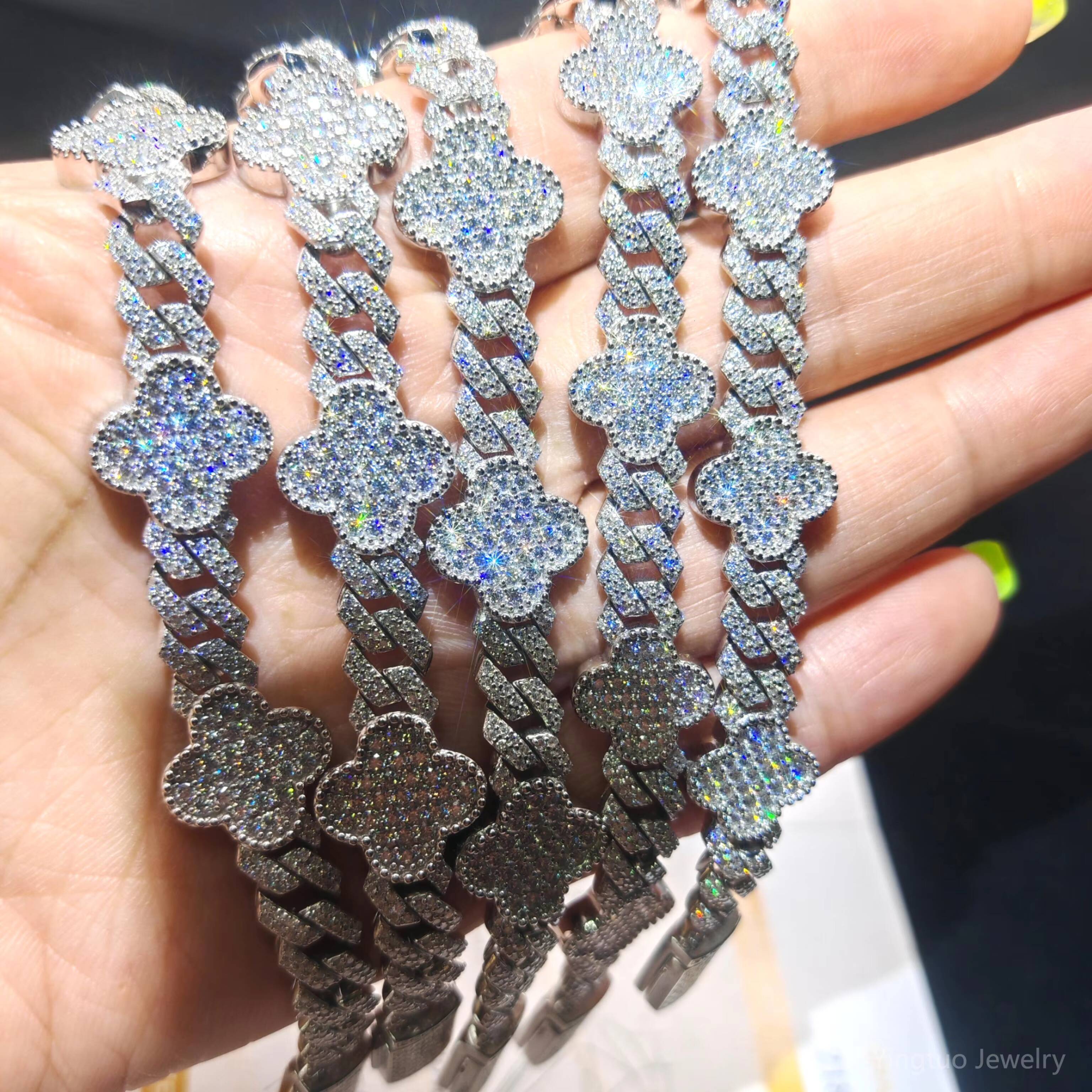 Yingtuo Jewelry Four Leaf Clover Bracelet S925 Silver D VVS1 Hip Hop Moissanite Bracelet Cuban Link Chain Bracelet