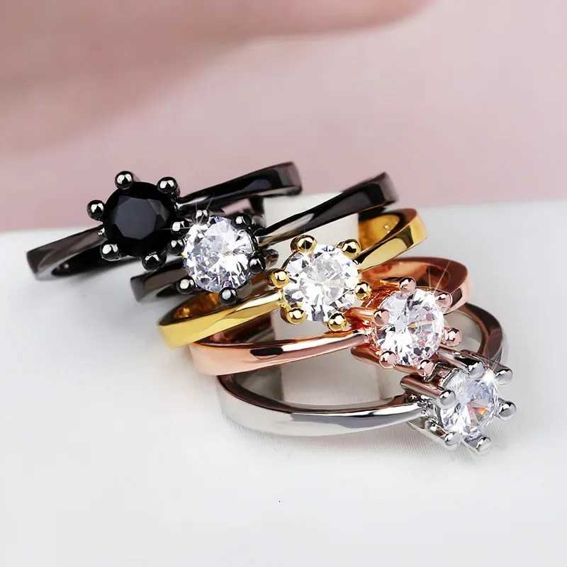 Classic Six-Claw Zircon Ring Jewelry Simple Black Gold White Black Diamond Ring Wedding Bridal Engagement Adjustable Ring Y250808