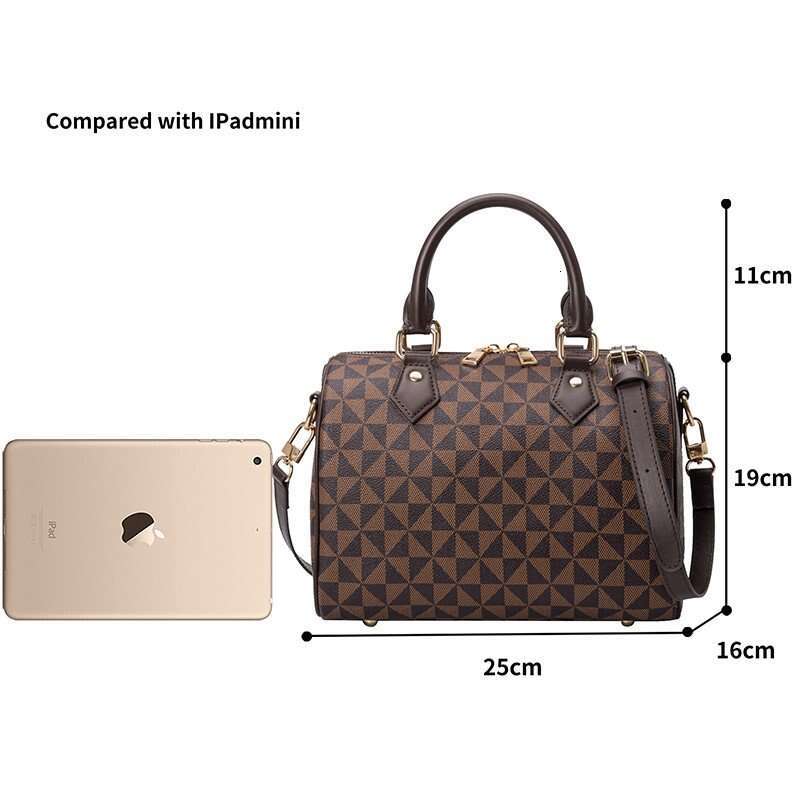 Lacel Urwebin Geometric Pattern Dome Satchel Bag - Brown/Black Triangular Print, Gold-Tone Hardware, Detachable Shoulder Strap