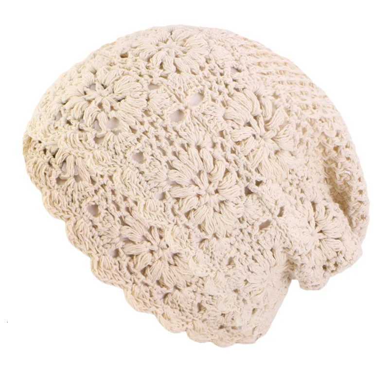 New Women Handmade Crochet Slouchy Beanie Knit Hat Elegant Flower Hollow Out Breathable Skull Cap Elastic Beanies Chemo Cap Z250808