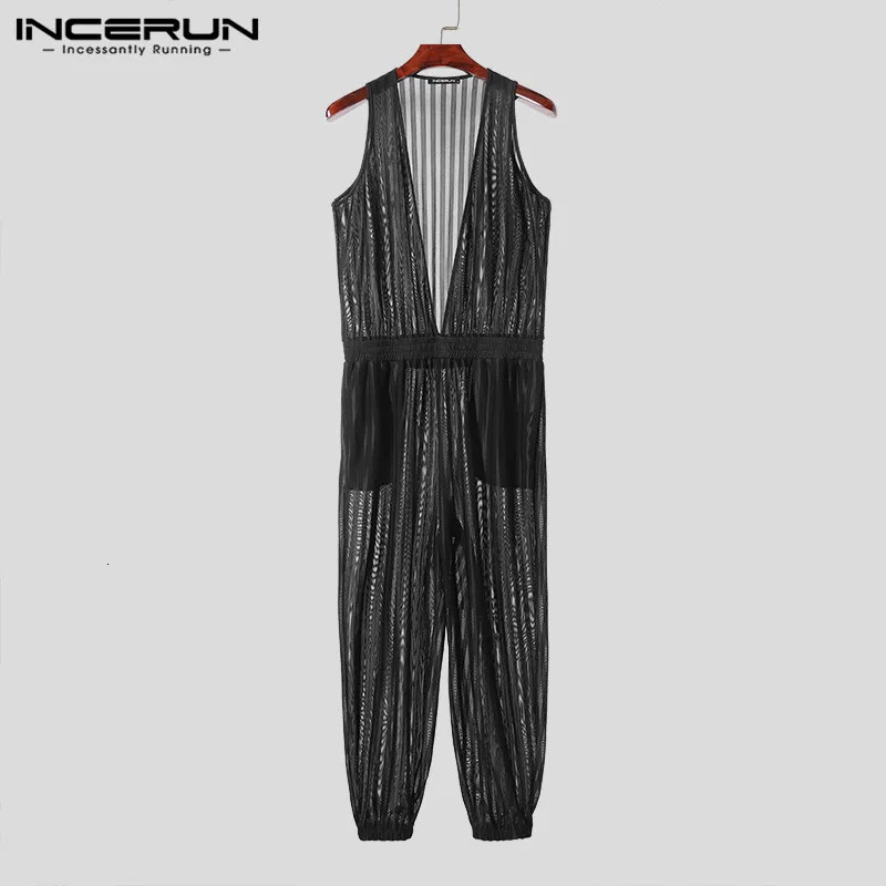INCERUN 2024 American Style Jumpsuits Mens Striped Perspective n Rompers Stylish Streetwear Deep V S5XL 250804