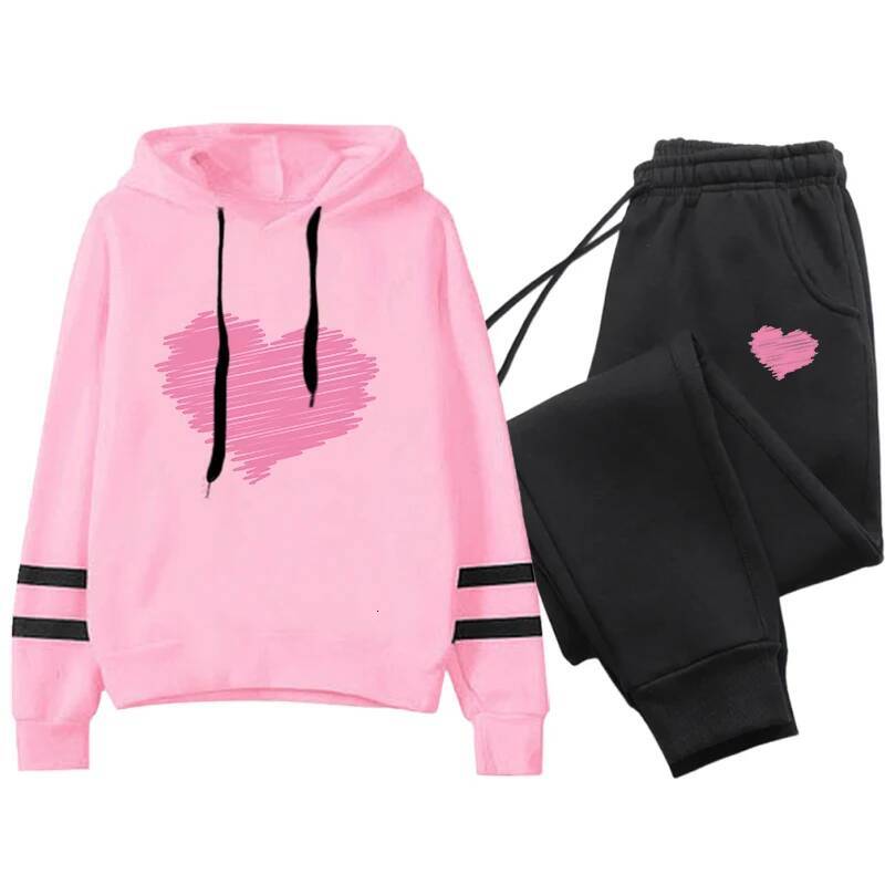Cute Heart Printed Hoodies Sweatpants Woman Daily Casual Sports Jogging Suit Home Outdoor Comfort Warm Outfit Women's Clothes dongdumaoyi