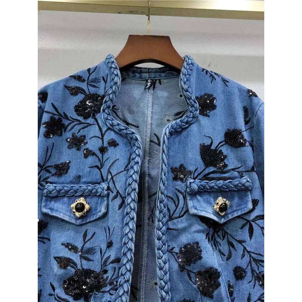 Trendy New Items Women's Embroidery Sequins Denim Coat Summer Fashion V-neck Long Sleeves Jacket Female