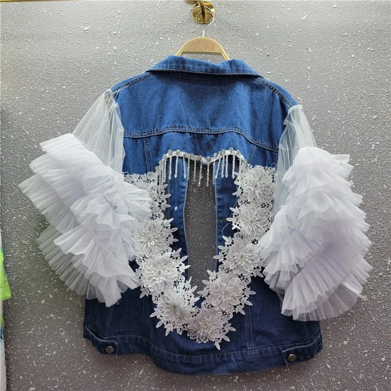 Tassels Lace Sticthing Denim Vest Coat Back Love Hollow Diamonds Fringed Embroidery Jeans Waistcoat Mesh Spliced Vests Tank Tops 250804